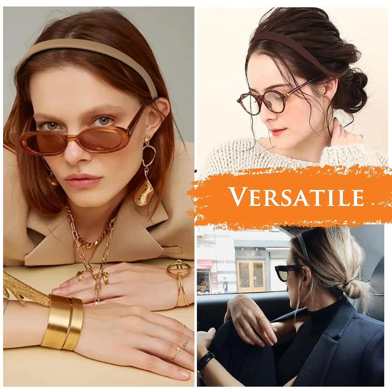6Pcs Plastic HairBand Designed for Eyewear No Pressure No Headache Comfortable Headbands for Women Fashion Thin Headbands Non Slip,solid color (Black, khaki,coffee)