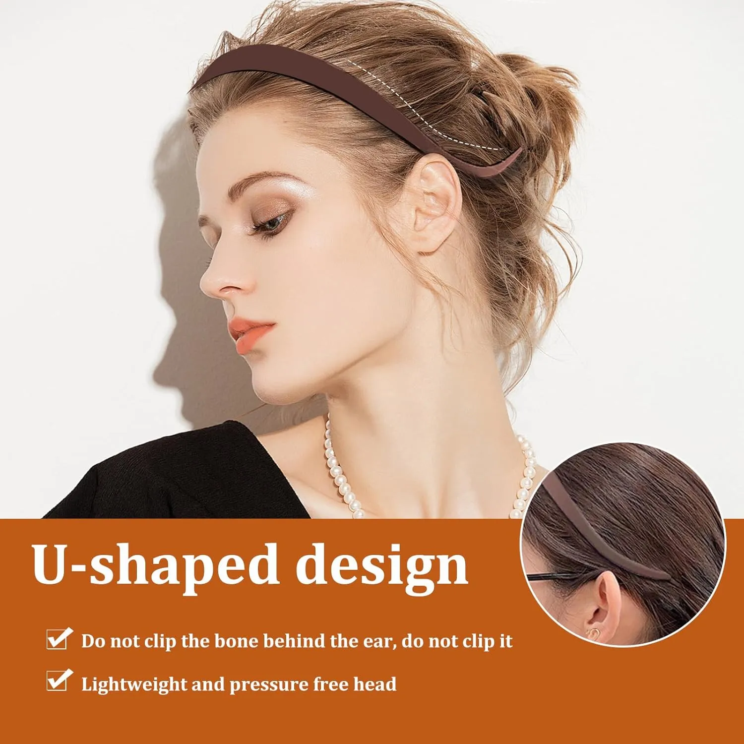 6Pcs Plastic HairBand Designed for Eyewear No Pressure No Headache Comfortable Headbands for Women Fashion Thin Headbands Non Slip,solid color (Black, khaki,coffee)