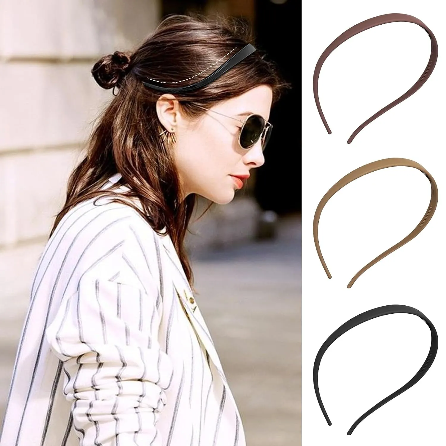 6Pcs Plastic HairBand Designed for Eyewear No Pressure No Headache Comfortable Headbands for Women Fashion Thin Headbands Non Slip,solid color (Black, khaki,coffee)