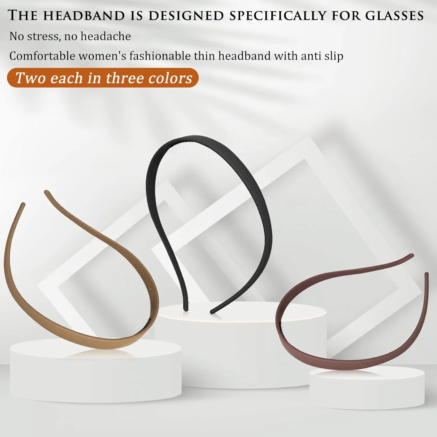 6Pcs Plastic HairBand Designed for Eyewear No Pressure No Headache Comfortable Headbands for Women Fashion Thin Headbands Non Slip,solid color (Black, khaki,coffee)