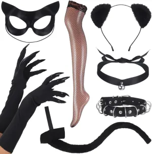 7 Pack Black Cat Costume Accessories Claw Gloves Cat Mask Ears Headband Tail Collar Choker Necklace Stockings for Women Halloween Cosplay Party