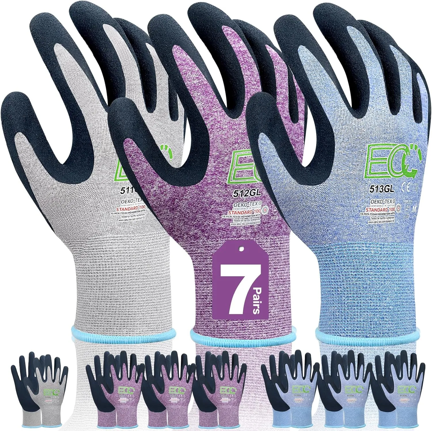7 Pairs Women Gardening Gloves, EN388 2131X Outdoor Protective Work Gloves with Breathable Micro-Foam Coating for Gardening, General Purpose, Courtyard, 3 Purple   3Blue  1 Grey