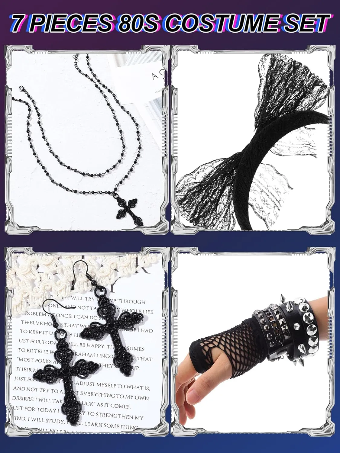 7 Pcs 80s Women Costume Accessories Halloween Leather Punk Bracelet Black Cross Necklace Lace Headband Fishnet Glove