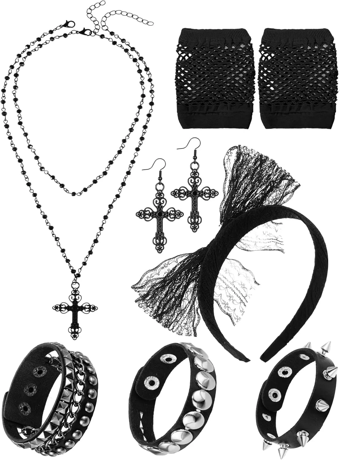 7 Pcs 80s Women Costume Accessories Halloween Leather Punk Bracelet Black Cross Necklace Lace Headband Fishnet Glove
