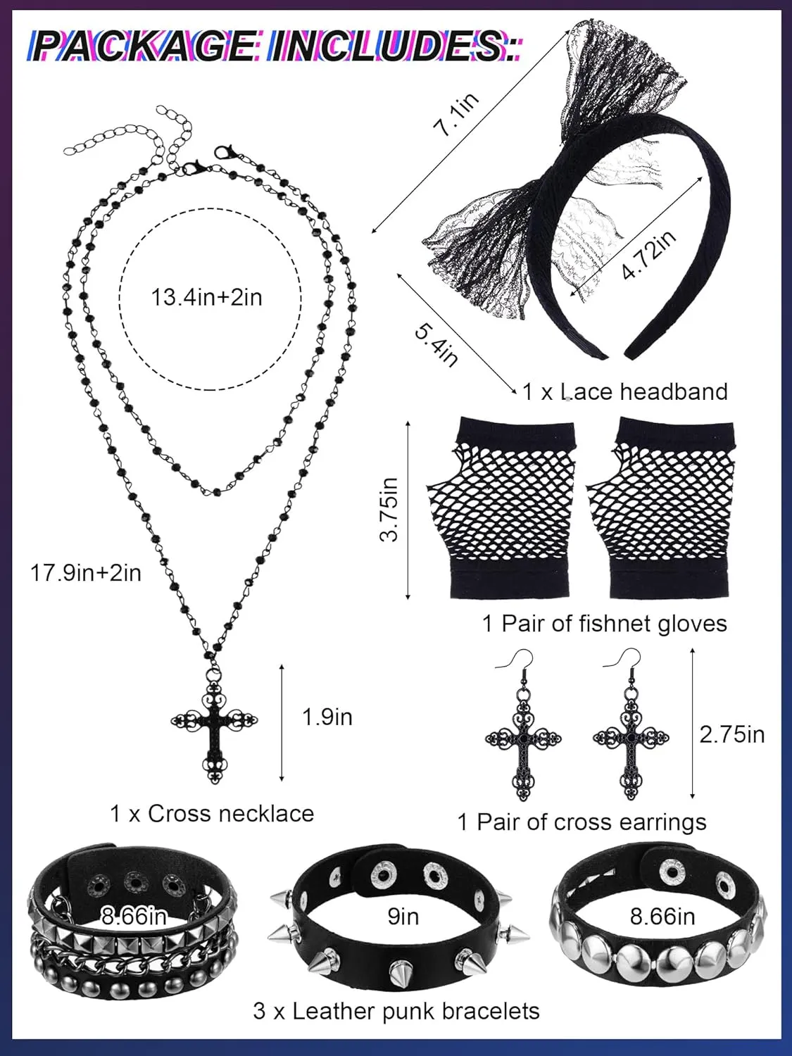 7 Pcs 80s Women Costume Accessories Halloween Leather Punk Bracelet Black Cross Necklace Lace Headband Fishnet Glove