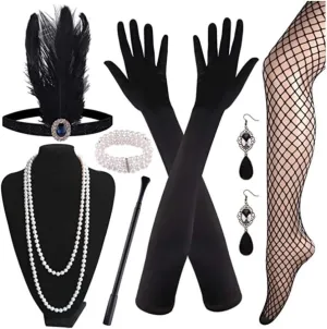 7 Pieces 1920s Flapper Great Accessories Set Fashion Roaring 20's Theme Set with Headband Headpiece Long Black Gloves Necklace Earrings for Women,