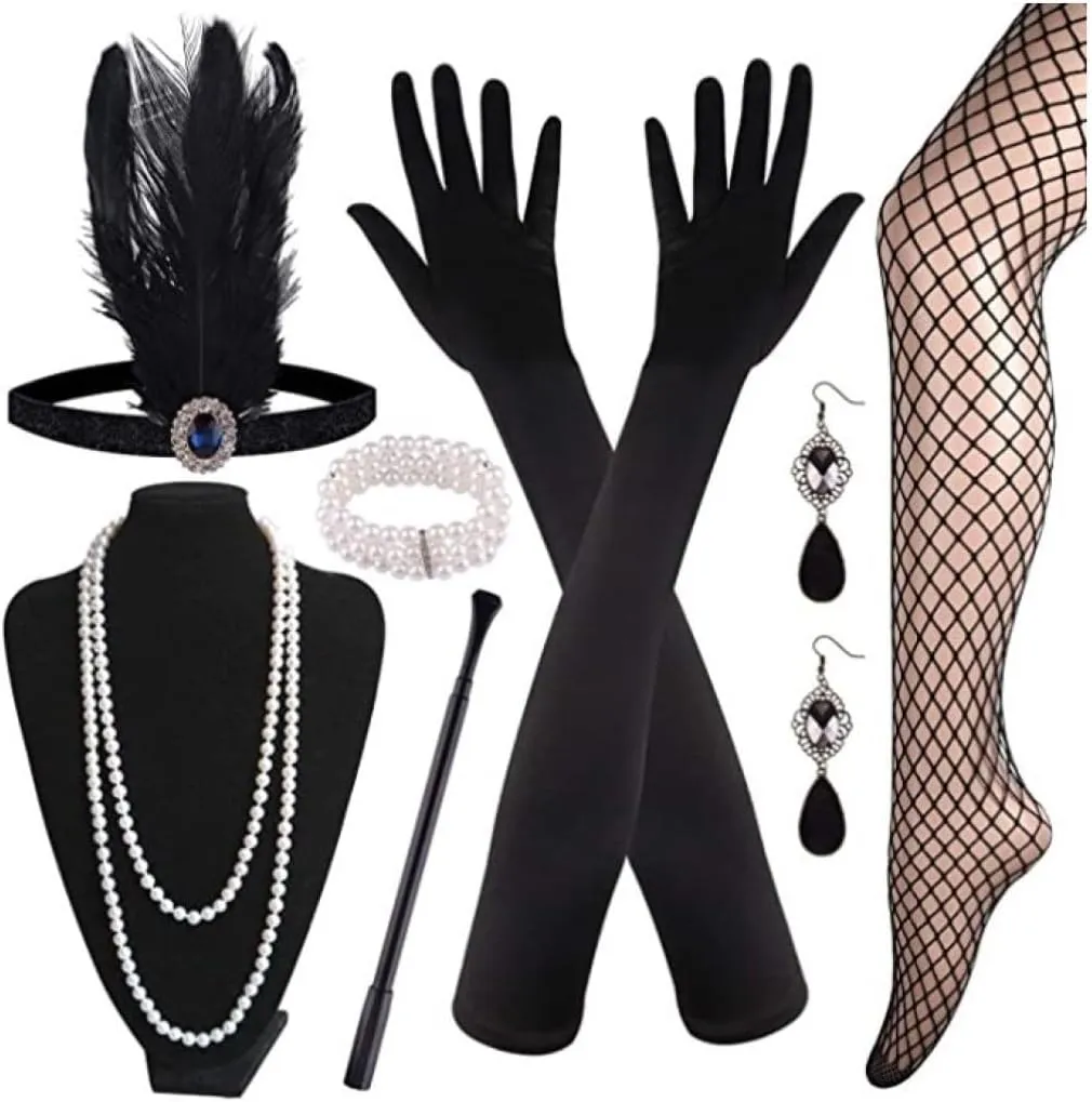 7 Pieces 1920s Flapper Great Accessories Set Fashion Roaring 20's Theme Set with Headband Headpiece Long Black Gloves Necklace Earrings for Women,
