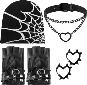 80s Women Costume Accessories Gothic Heart Choker Earrings Spider Pattern Knitted Beanie Leather Fingerless Gloves Black