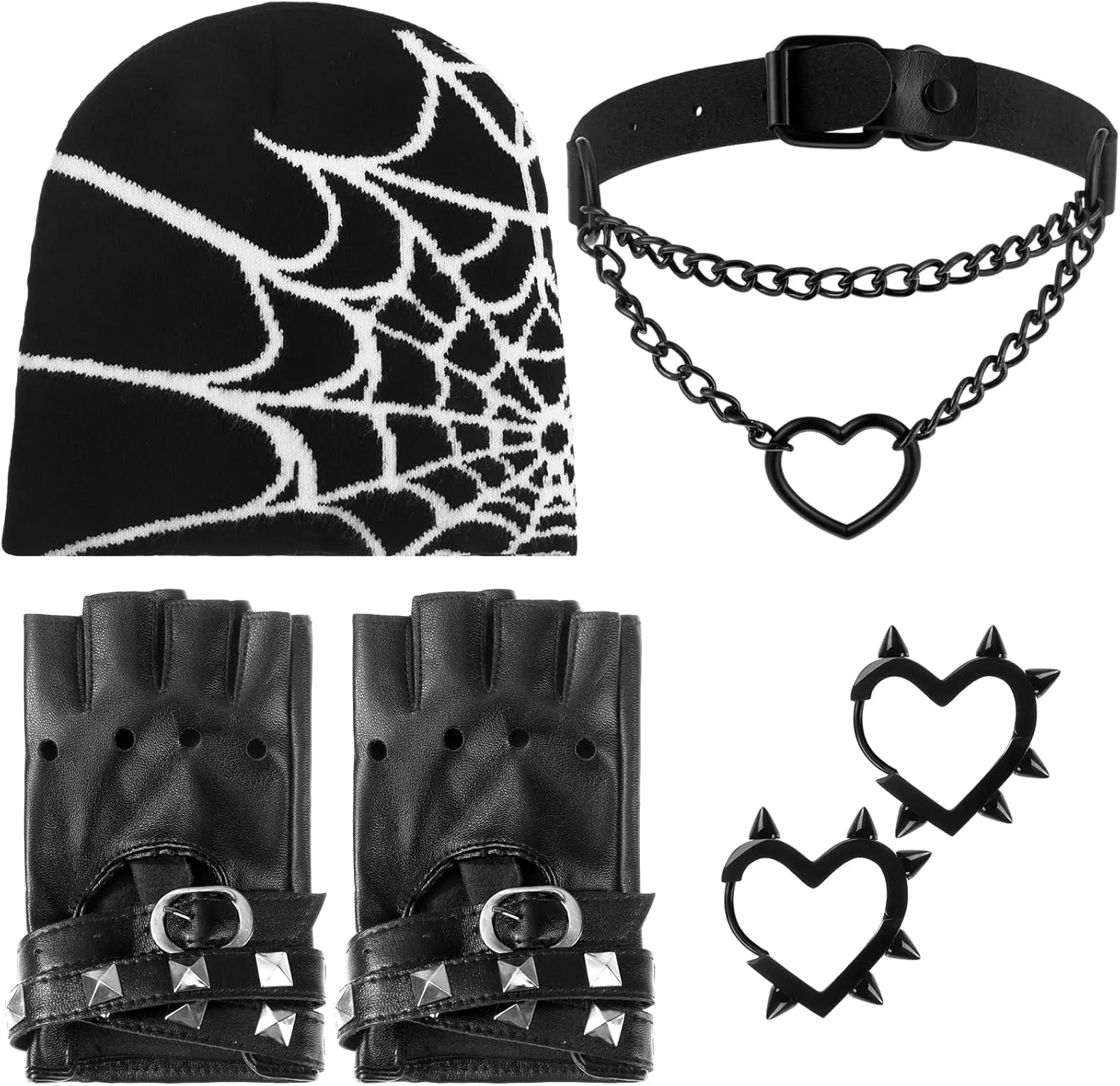80s Women Costume Accessories Gothic Heart Choker Earrings Spider Pattern Knitted Beanie Leather Fingerless Gloves Black