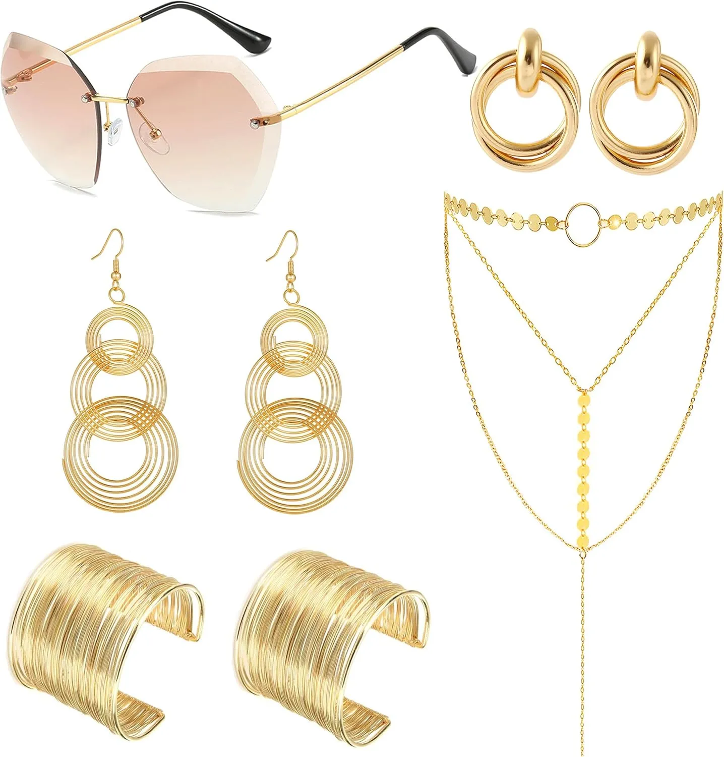 8Pcs 70s Disco Set Rimless Diamond Cutting Sunglasses Wire Metal Coil Bracelets Layered Choker Necklace Triple Swirl Disco Earrings