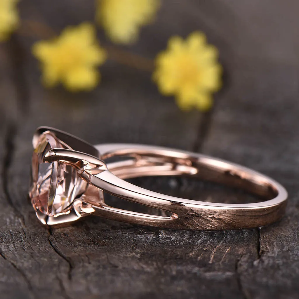 8x8 Cushion Solitaire Morganite Engagement Ring 14k Rose Gold Split Shank Stacking Band