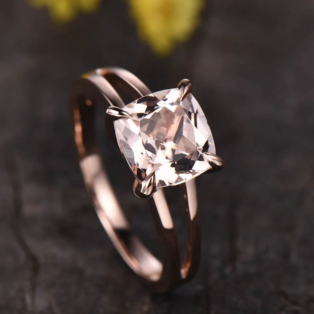8x8 Cushion Solitaire Morganite Engagement Ring 14k Rose Gold Split Shank Stacking Band