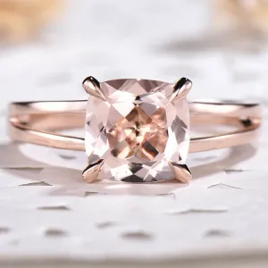 8x8 Cushion Solitaire Morganite Engagement Ring 14k Rose Gold Split Shank Stacking Band