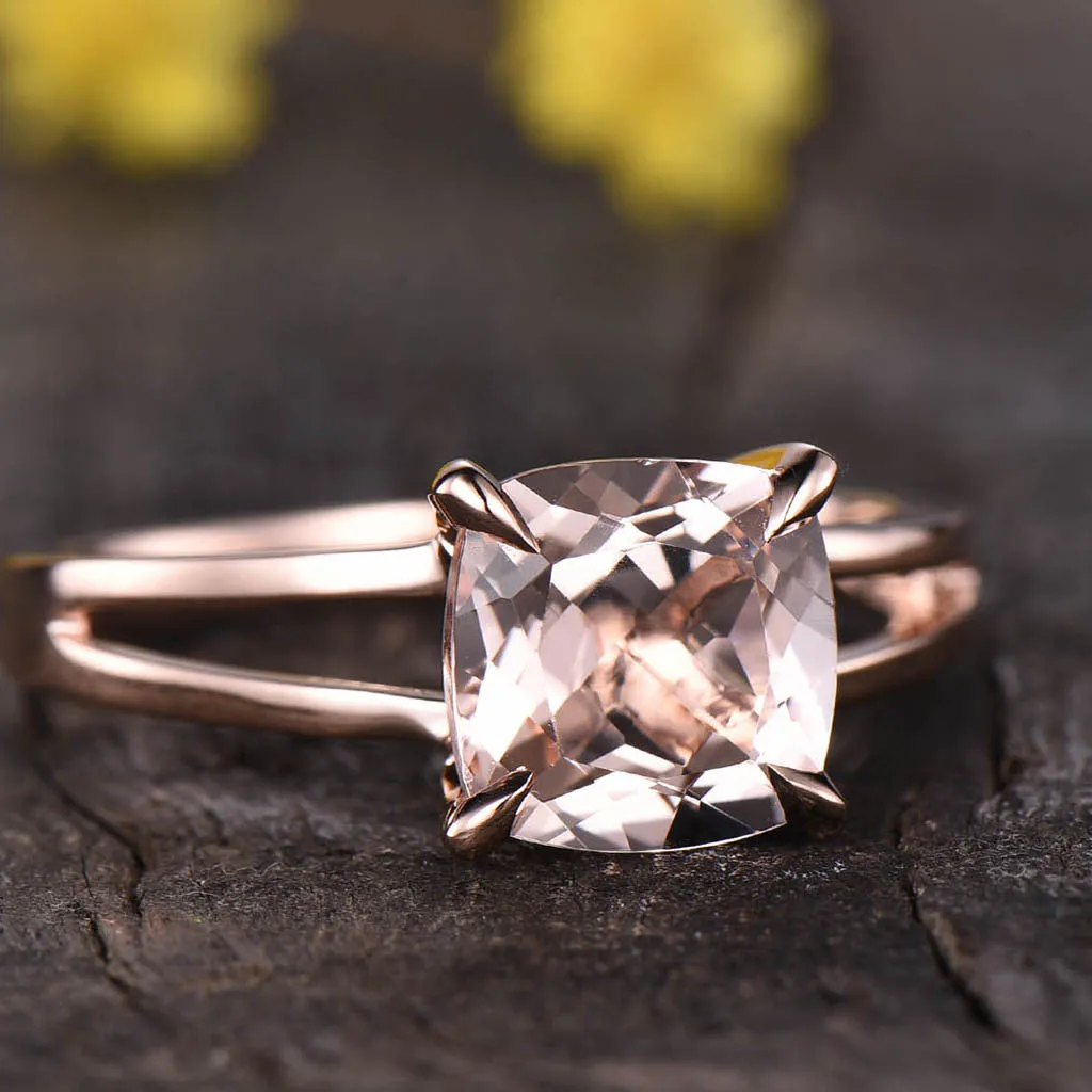 8x8 Cushion Solitaire Morganite Engagement Ring 14k Rose Gold Split Shank Stacking Band