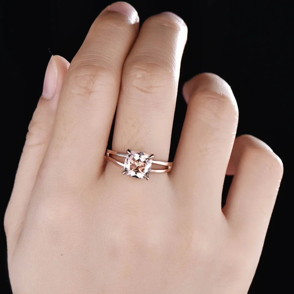 8x8 Cushion Solitaire Morganite Engagement Ring 14k Rose Gold Split Shank Stacking Band