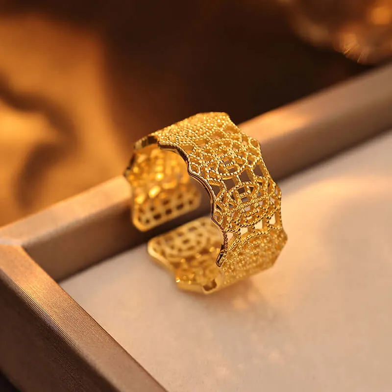 925 Silver 14K Gold Plated Braided Lace Hollow Ring