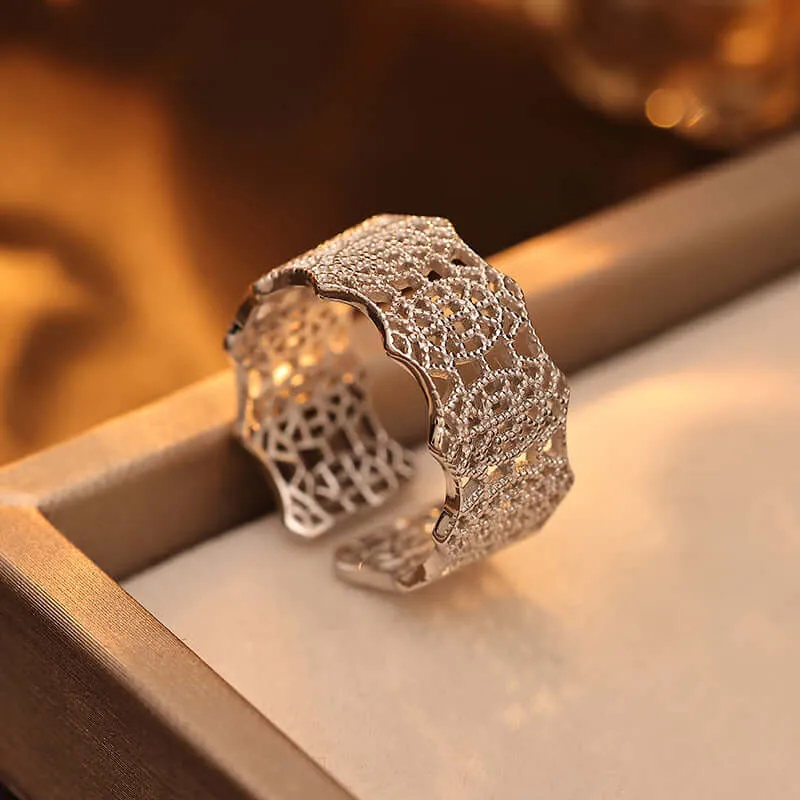 925 Silver 14K Gold Plated Braided Lace Hollow Ring