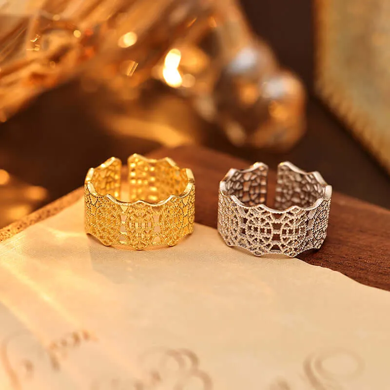 925 Silver 14K Gold Plated Braided Lace Hollow Ring