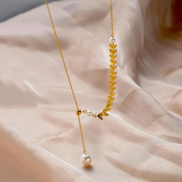 925 Sterling Silver Clavicle Chain Wheat Ear Tassel Pearl Necklace Women