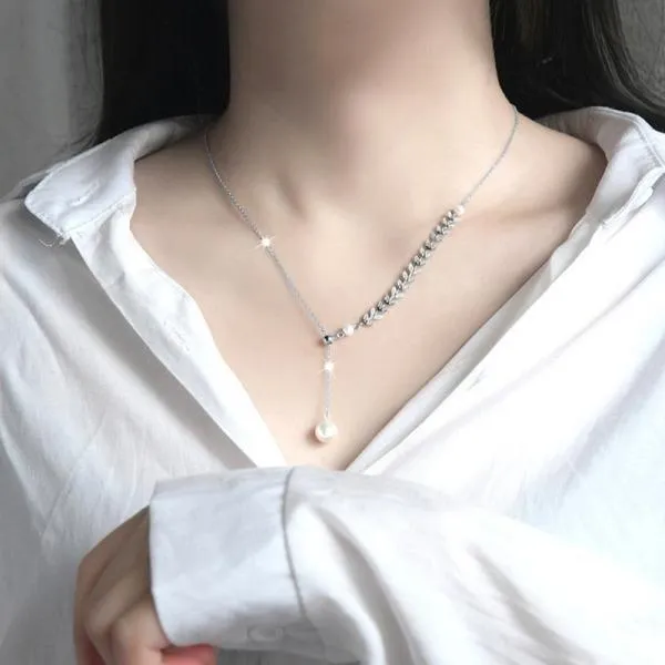 925 Sterling Silver Clavicle Chain Wheat Ear Tassel Pearl Necklace Women
