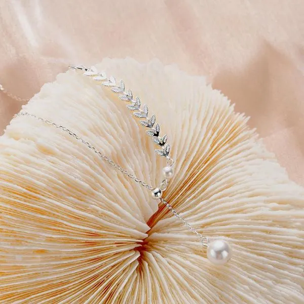 925 Sterling Silver Clavicle Chain Wheat Ear Tassel Pearl Necklace Women