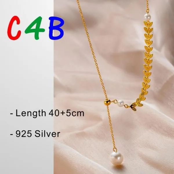 925 Sterling Silver Clavicle Chain Wheat Ear Tassel Pearl Necklace Women