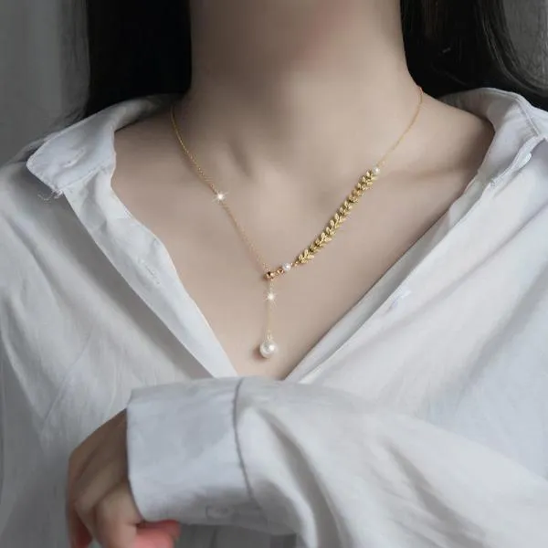 925 Sterling Silver Clavicle Chain Wheat Ear Tassel Pearl Necklace Women
