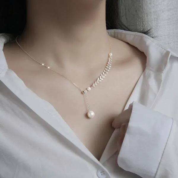 925 Sterling Silver Clavicle Chain Wheat Ear Tassel Pearl Necklace Women