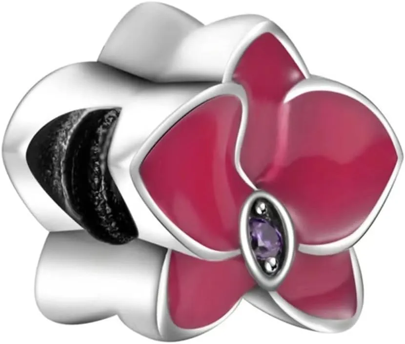 925 Sterling Silver Flower Charm Orchid Charm Love Charm Anniversary Charm ChristmasCharm for Pandora Charms Bracelet (Rose red)