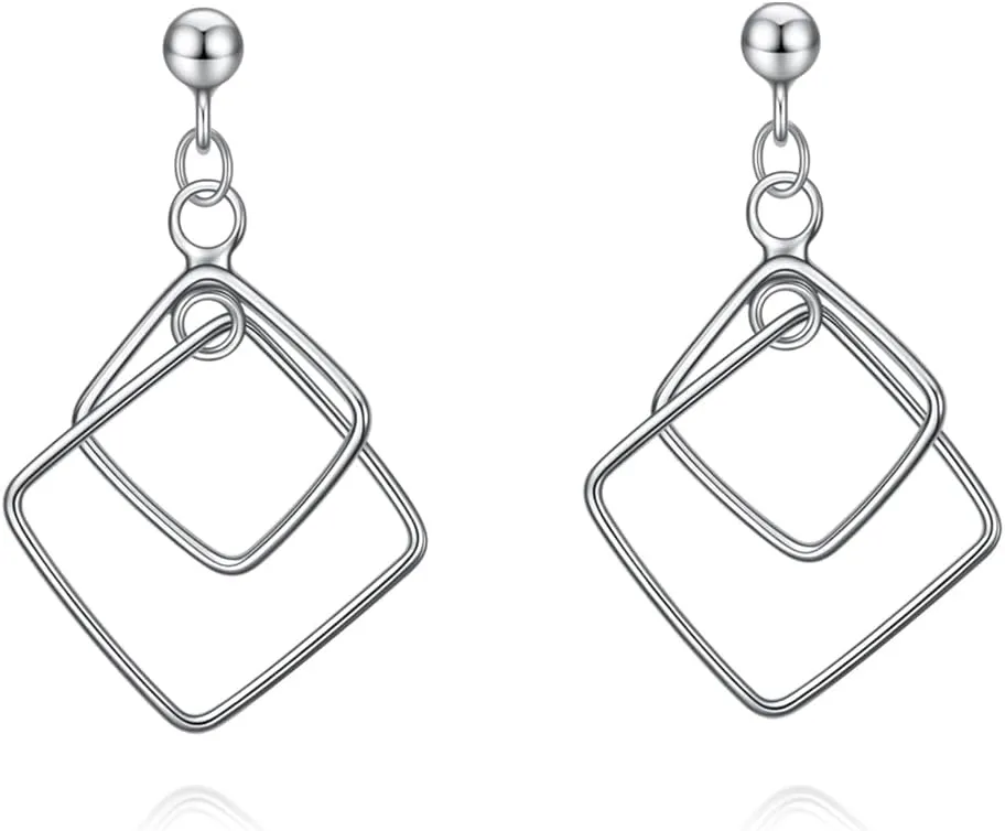 925 Sterling Silver Geometric Square Stud Earrings Hypoallergenic Jewelry Gifts,Minimalist Square Link Hanging Earrings for Women