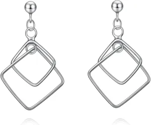 925 Sterling Silver Geometric Square Stud Earrings Hypoallergenic Jewelry Gifts,Minimalist Square Link Hanging Earrings for Women