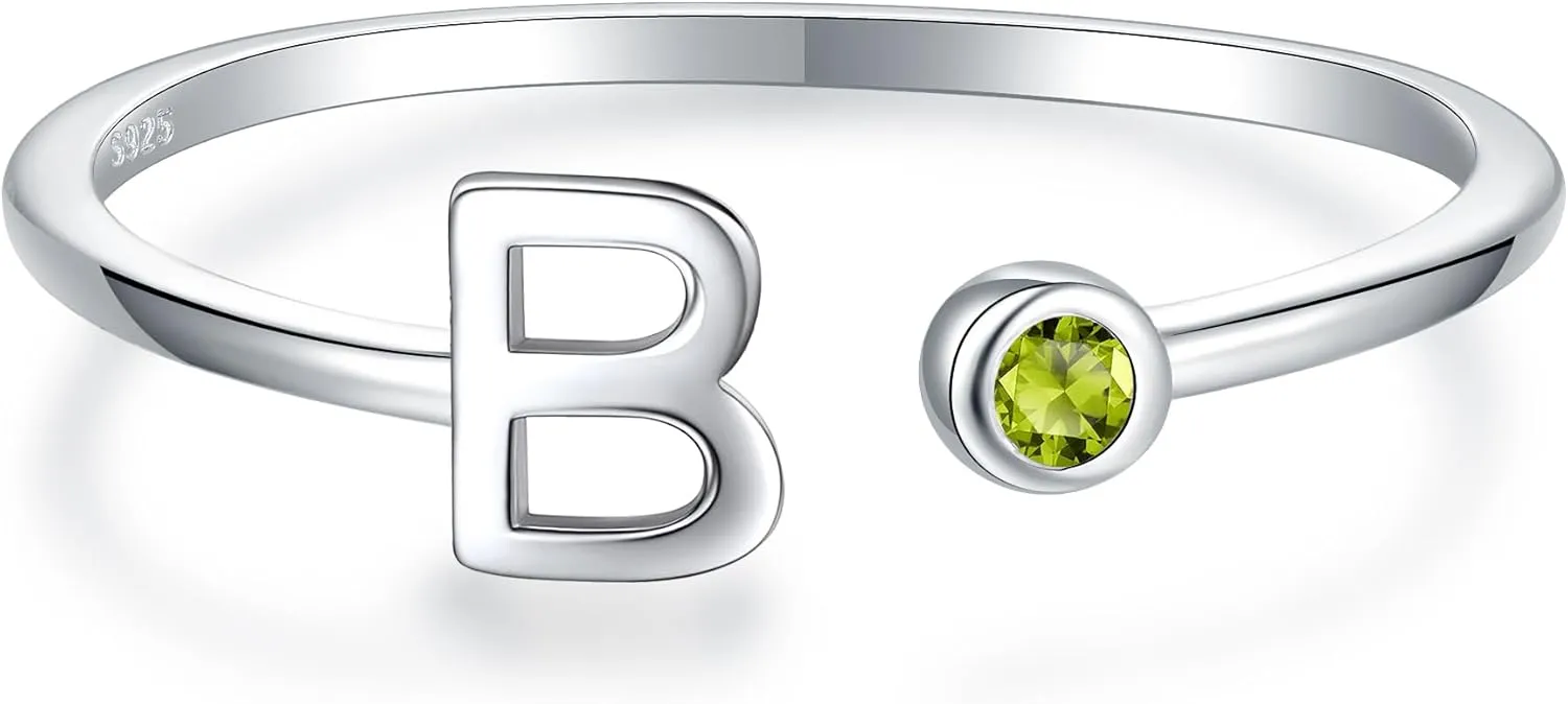 925 Sterling Silver Initial Letter Birthstone Rings for Women Adjustable 1-12 Month Birthstone Alphabet Stacking Ring for Teens Girls Stackable Birthstone Rings Birthday Jewelry Gift for Daughter Mom