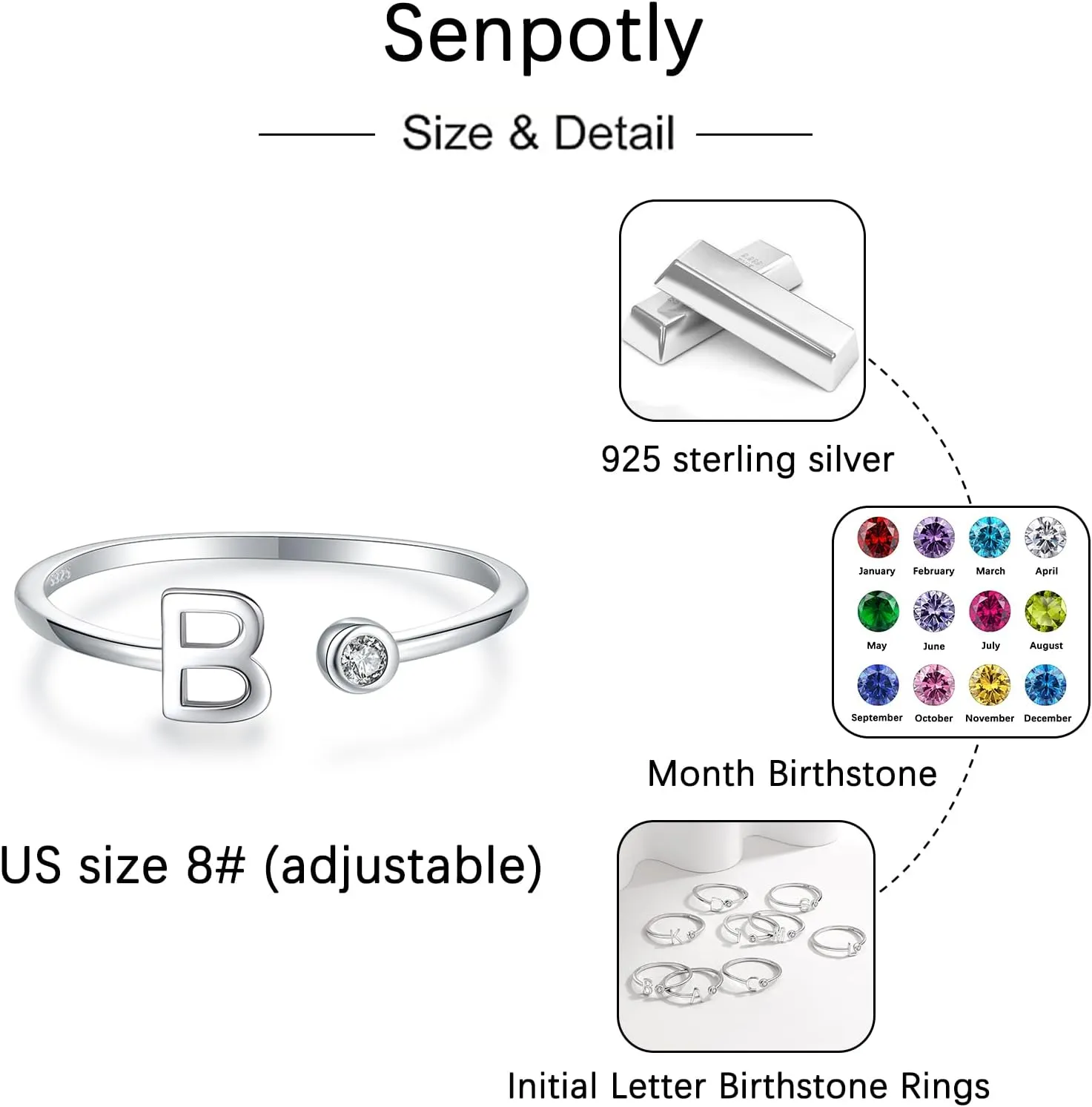 925 Sterling Silver Initial Letter Birthstone Rings for Women Adjustable 1-12 Month Birthstone Alphabet Stacking Ring for Teens Girls Stackable Birthstone Rings Birthday Jewelry Gift for Daughter Mom