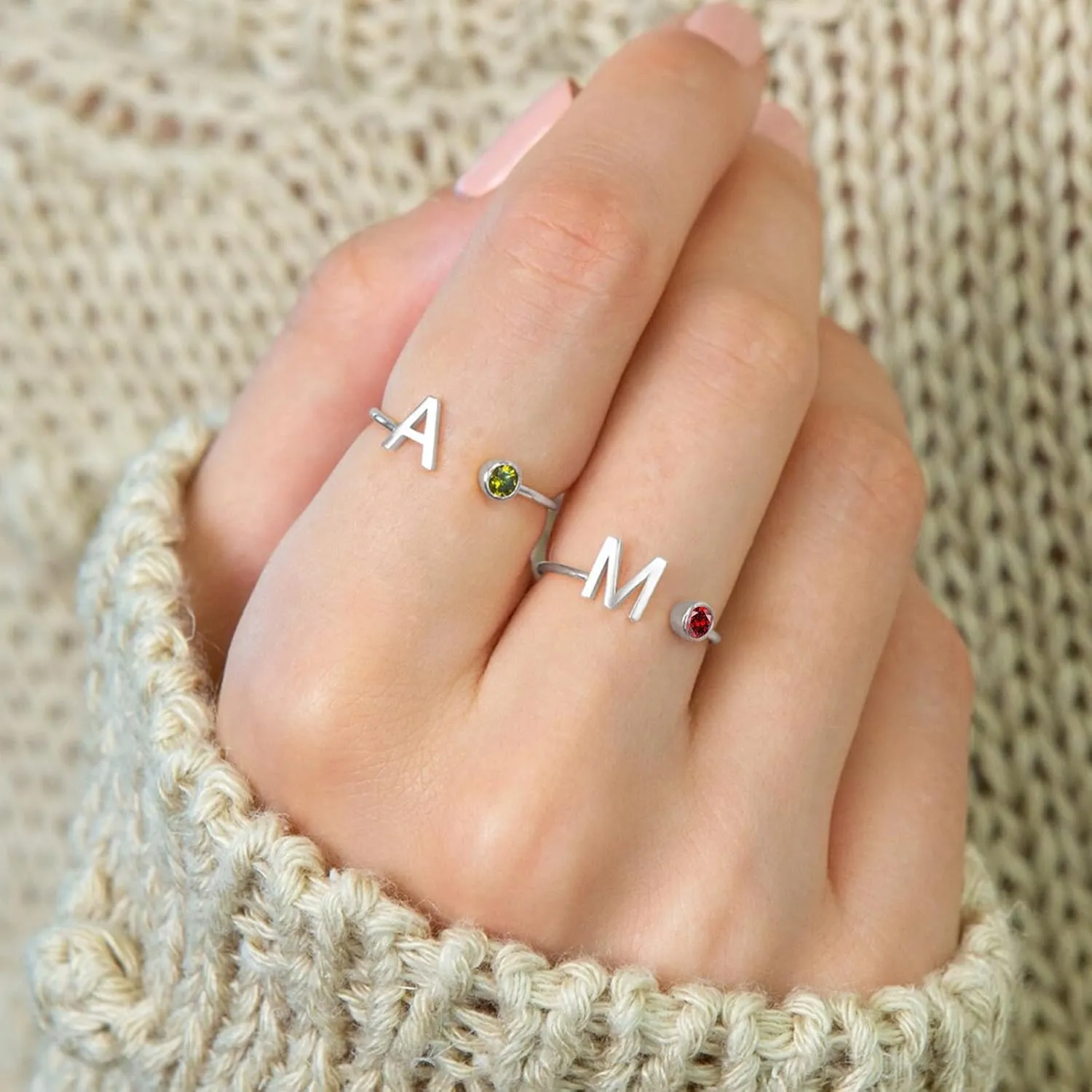 925 Sterling Silver Initial Letter Birthstone Rings for Women Adjustable 1-12 Month Birthstone Alphabet Stacking Ring for Teens Girls Stackable Birthstone Rings Birthday Jewelry Gift for Daughter Mom