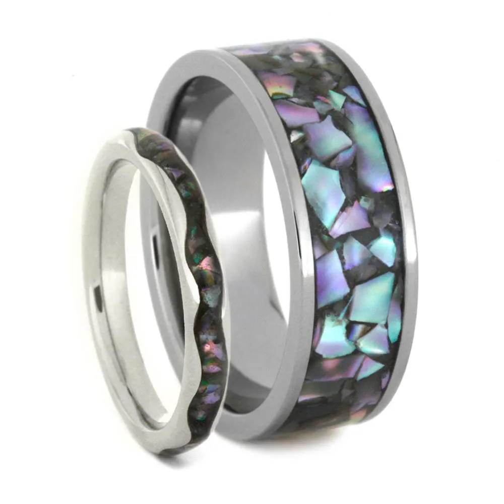 Abalone Wedding Band Set in White Gold and Titanium, Matching Ring Set