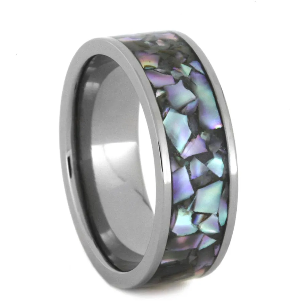 Abalone Wedding Band Set in White Gold and Titanium, Matching Ring Set