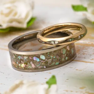 Abalone Wedding Band Set in White Gold and Titanium, Matching Ring Set