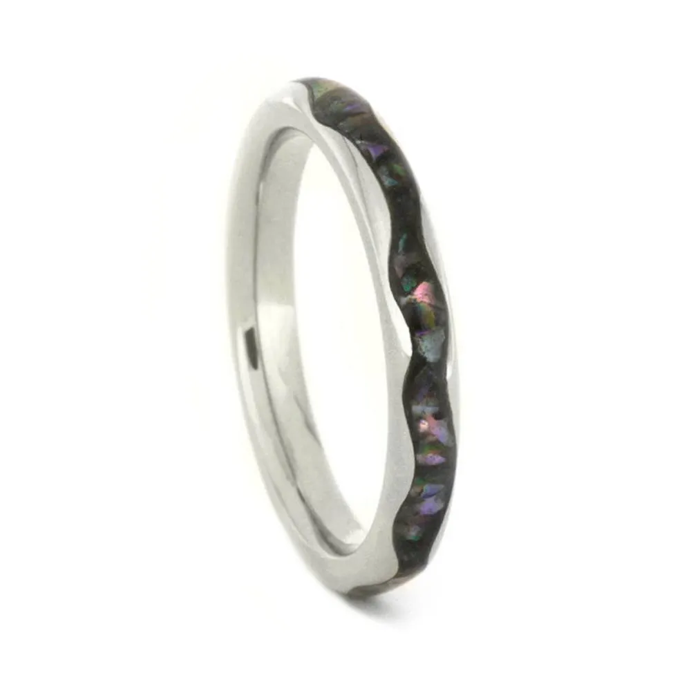 Abalone Wedding Band Set in White Gold and Titanium, Matching Ring Set