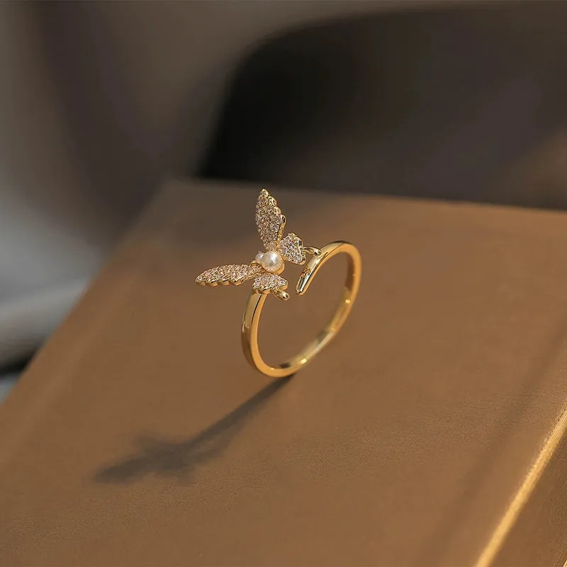 Accessible Luxury Trendy Women's Fashion Personality Pearl Butterfly Ring