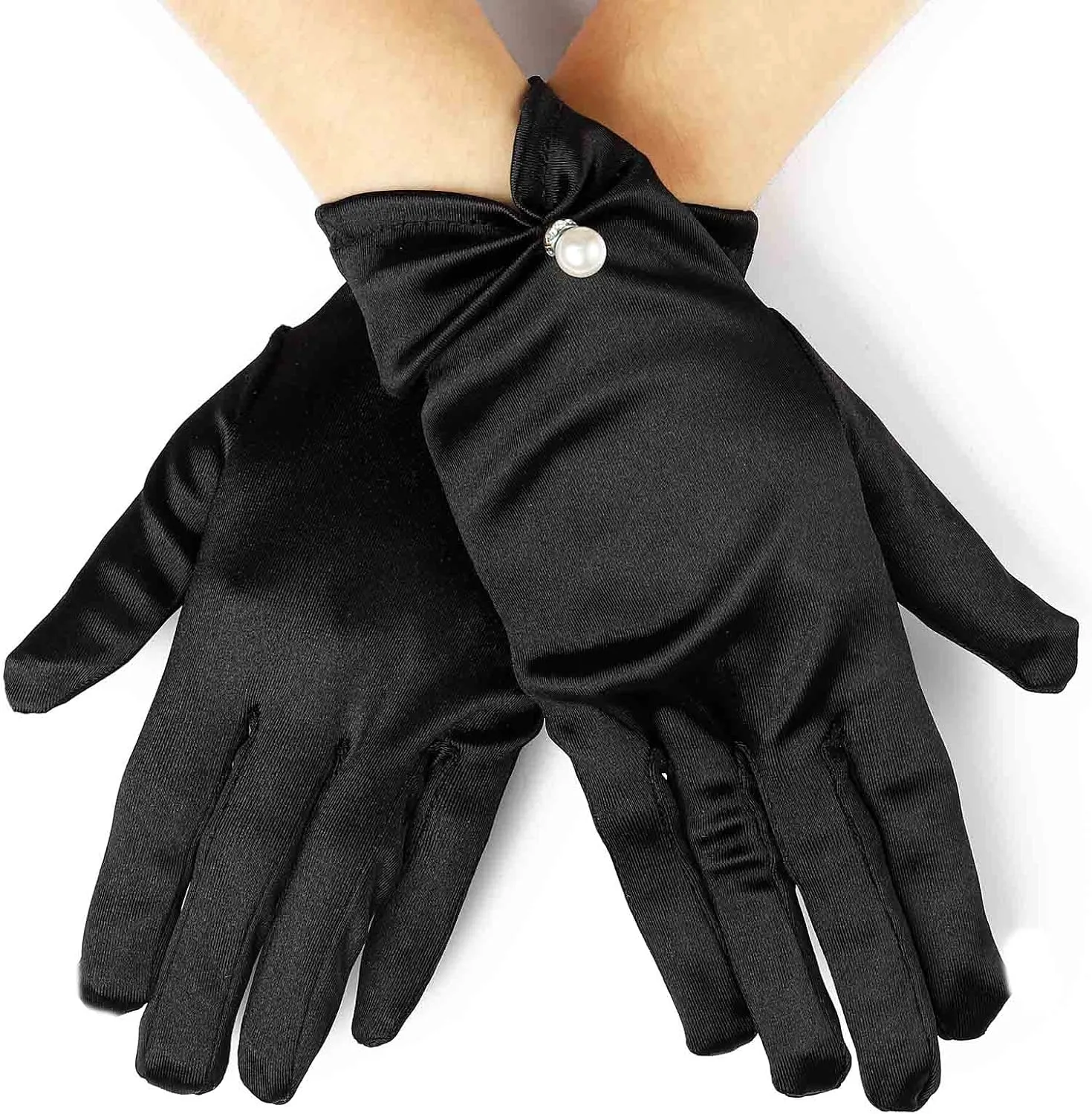 Acenail Pearl Wedding Gloves - White Satin Bridal Gloves with Floral Design for Tea Party and Opera Events