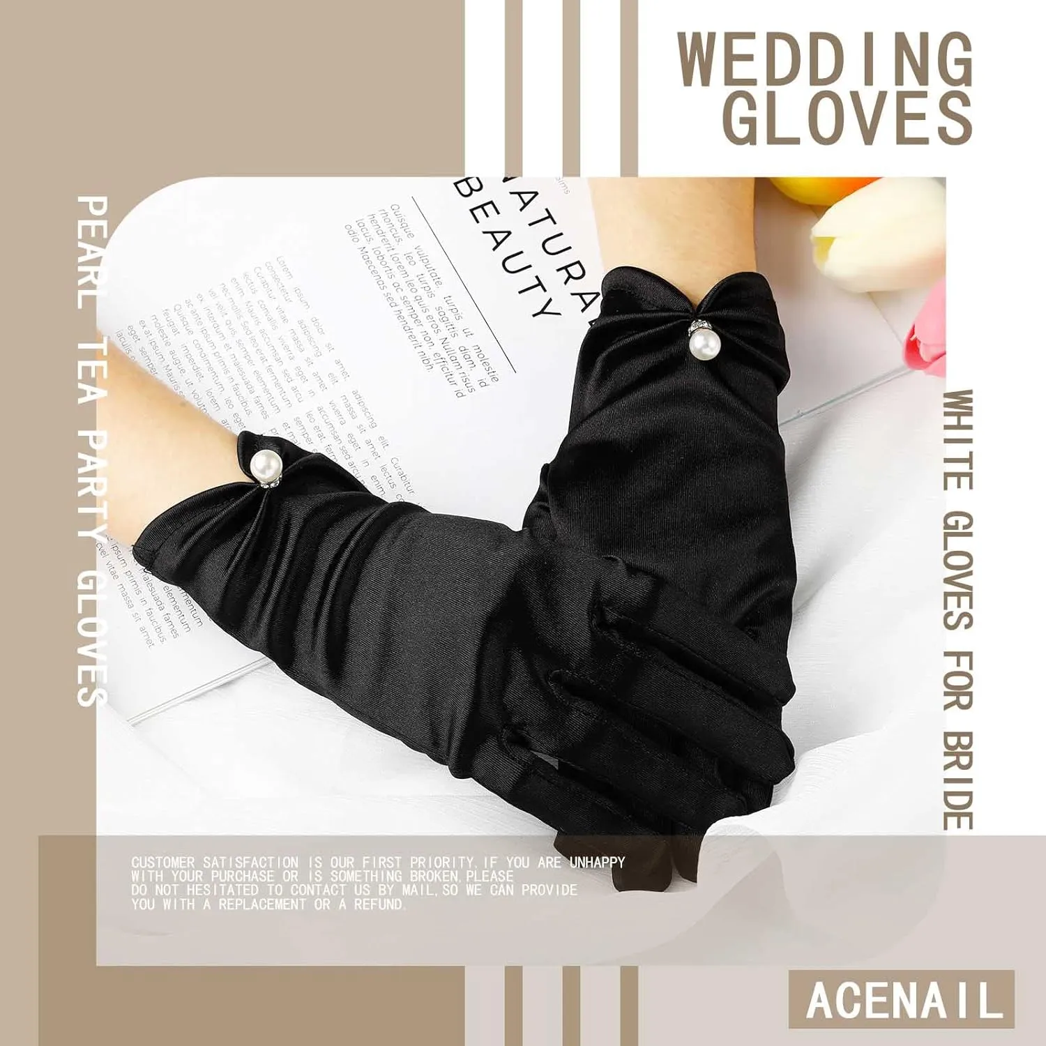 Acenail Pearl Wedding Gloves - White Satin Bridal Gloves with Floral Design for Tea Party and Opera Events