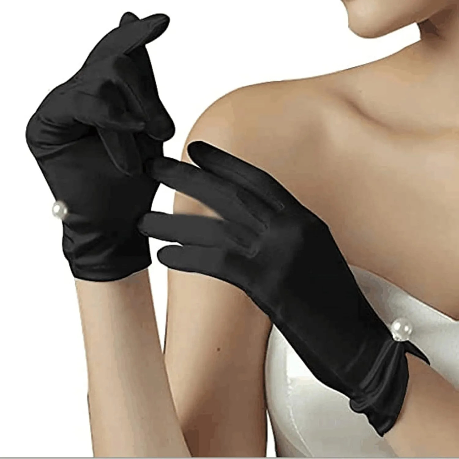 Acenail Pearl Wedding Gloves - White Satin Bridal Gloves with Floral Design for Tea Party and Opera Events
