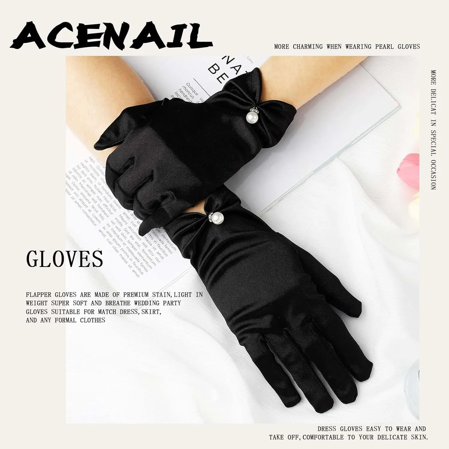 Acenail Pearl Wedding Gloves - White Satin Bridal Gloves with Floral Design for Tea Party and Opera Events