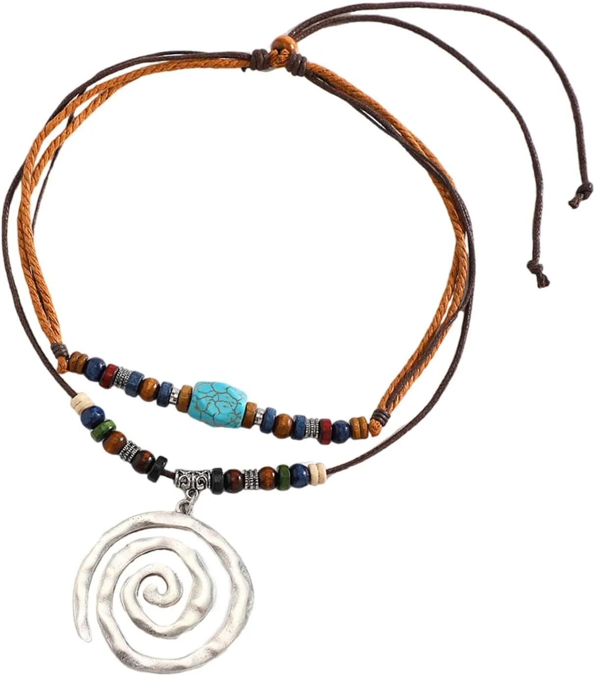 Adjustable Rope Necklace Silver Geometric Charm and Wood Beads Neckchain Adjustable Length Clavicle Chain Jewelry