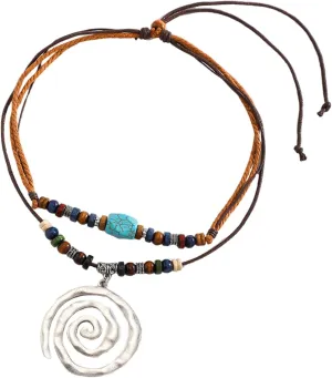 Adjustable Rope Necklace Silver Geometric Charm and Wood Beads Neckchain Adjustable Length Clavicle Chain Jewelry