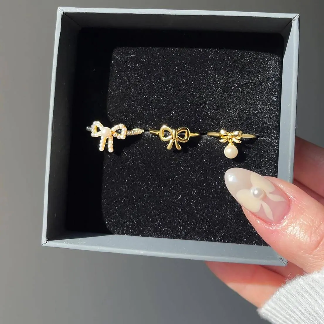 Adorable Pearl Dangle Gold Bow Tie Ring