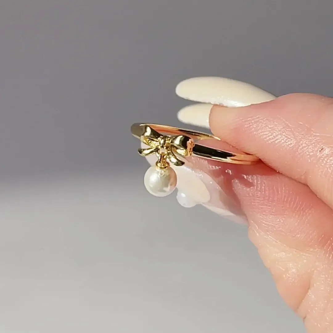 Adorable Pearl Dangle Gold Bow Tie Ring
