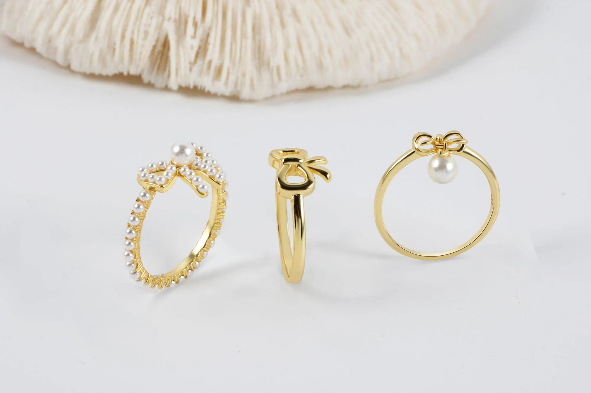 Adorable Pearl Dangle Gold Bow Tie Ring