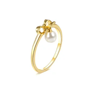 Adorable Pearl Dangle Gold Bow Tie Ring