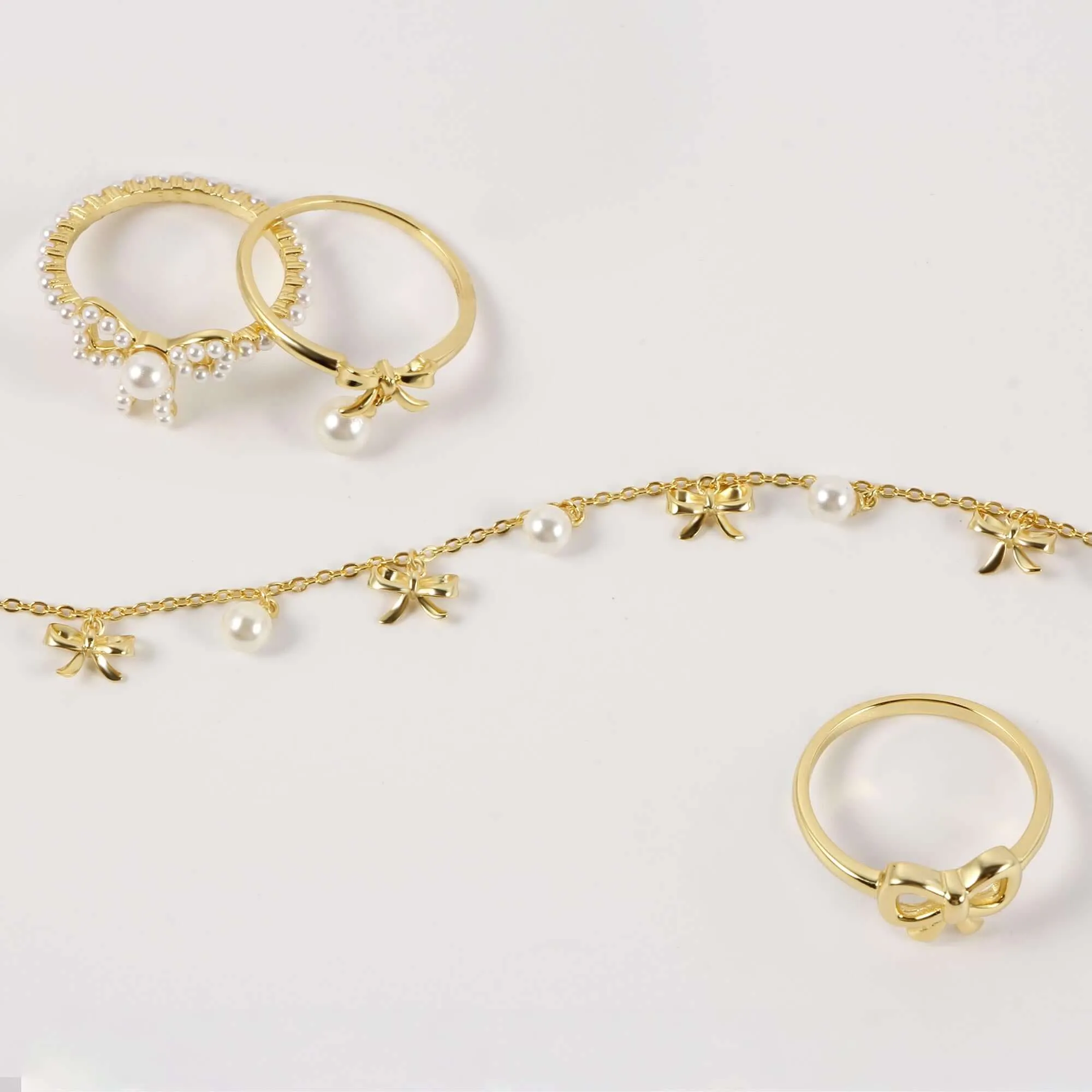 Adorable Pearl Dangle Gold Bow Tie Ring